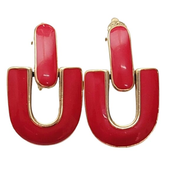 Trifari Gold Tone Red Enamel Door Knocker Hinged Clip On Earrings, Signed - Picture 1 of 7